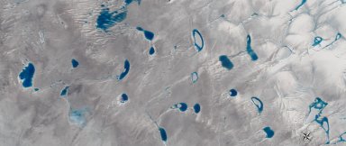 A view of Greenland's ice sheet from the NASA/USGS Landsat 8 satellite showing meltwater lakes on a glacier. (Credit: NASA)