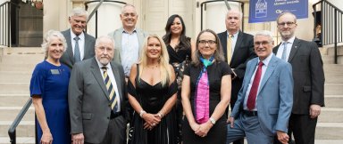 (First row, left to right): Susan Lozier, John Clark Sutherland, Kelly Sepcic Pfeil, Margaret Beier, and Rutt Bridges. (Second row, left to right): Jack McCallum, Angel Cabrera, Kristel Bayani Topping, Frank Cullen, and Nathan Meehan.