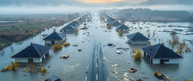 Post-hurricane flooding inundates residential areas and transportation infrastructure, with low-lying terrain overwhelmed by storm surge and excessive rainfall.